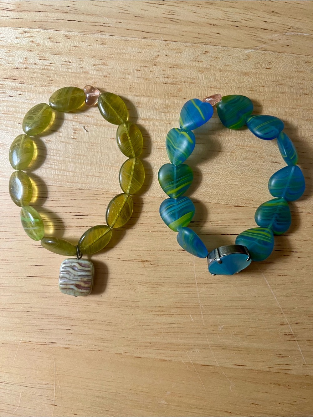 Sabika Green and Teal Heart Bead Stretch Bracelets